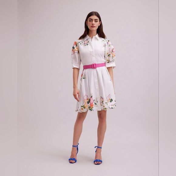Anne Fontaine White Pink Midi Dress with Cuffed Sleeves - Picture 1 of 8